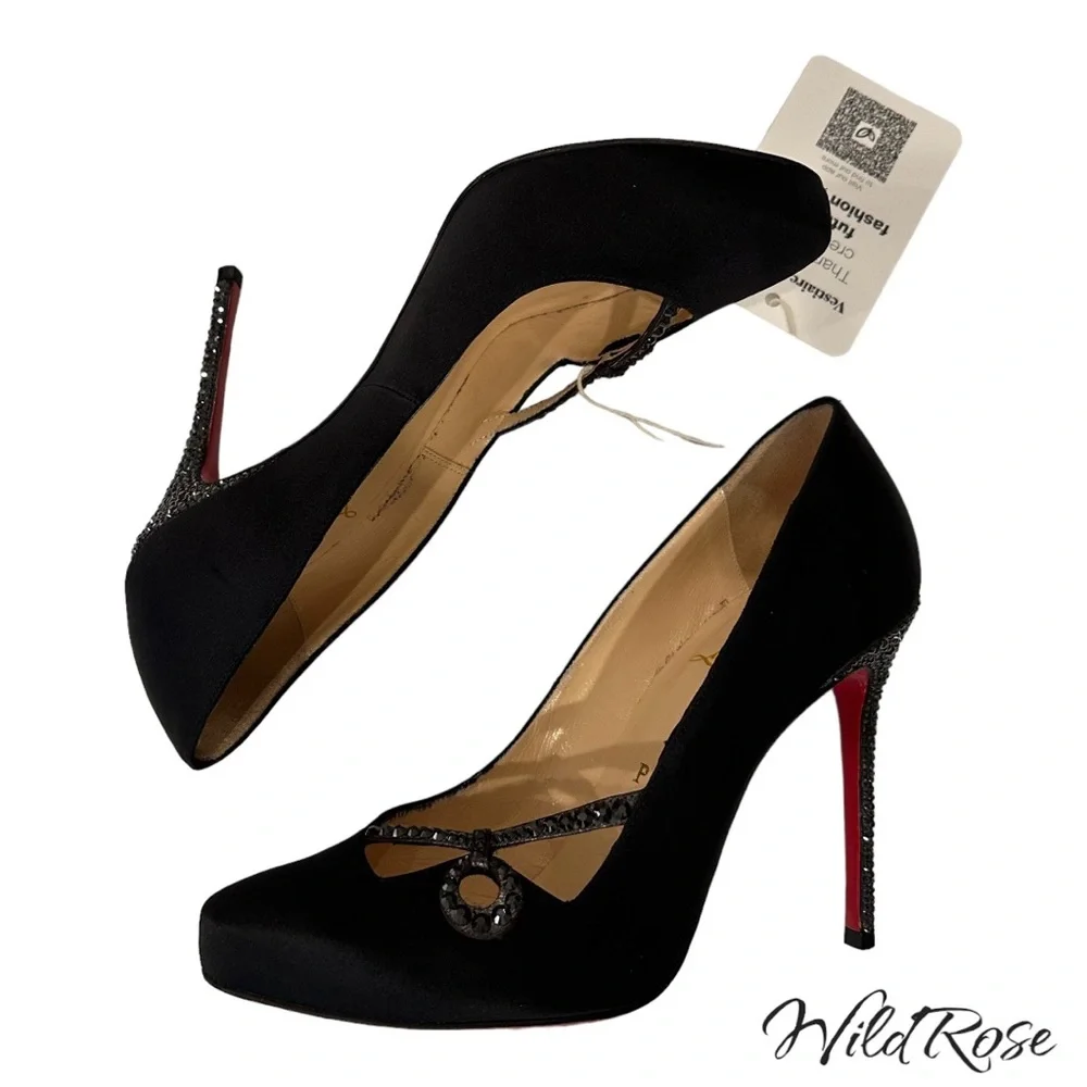 CHRISTIAN LOUBOUTIN Black Satin Rhinestone Embellished Heels SZ 38 - Picture 13 of 15